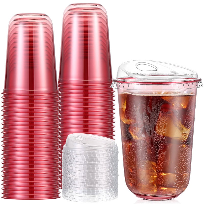 Ziliny 50 Sets Clear Plastic Coffee Cups with Sip Lids Disposable Plastic PET Crystal Cups for Iced Coffee Smoothie Cold Beverage Drink Shops and Party Catering Pink16 oz
